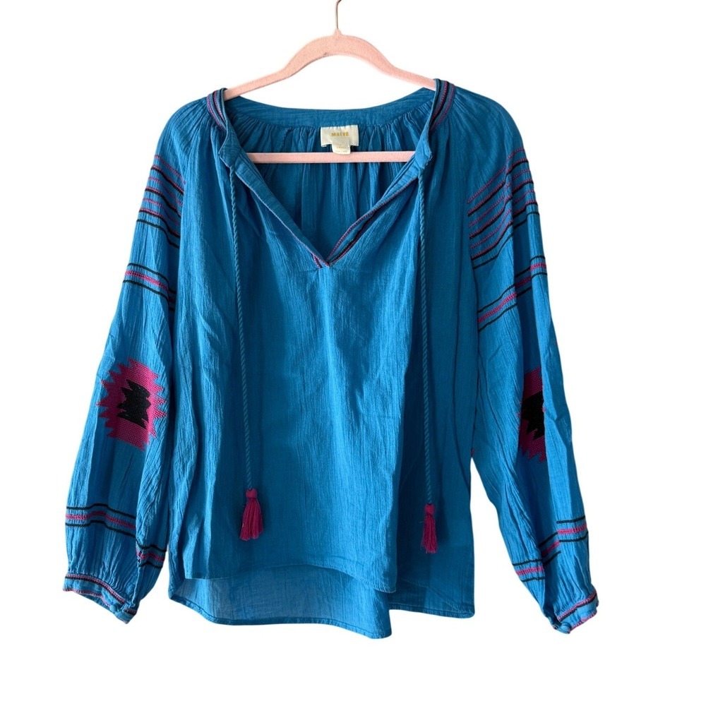 Maeve by Anthropologie Runaway Embroidered Peasant Top Blue Boho Size Small - Picture 2 of 7